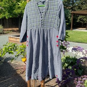April Cornell Blue and White Gingham Midi Dress with Red Accents